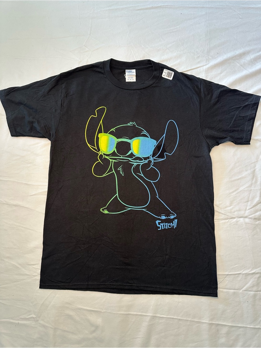 Disney Black Tee with Neon Green and Blue Stitch Graphic